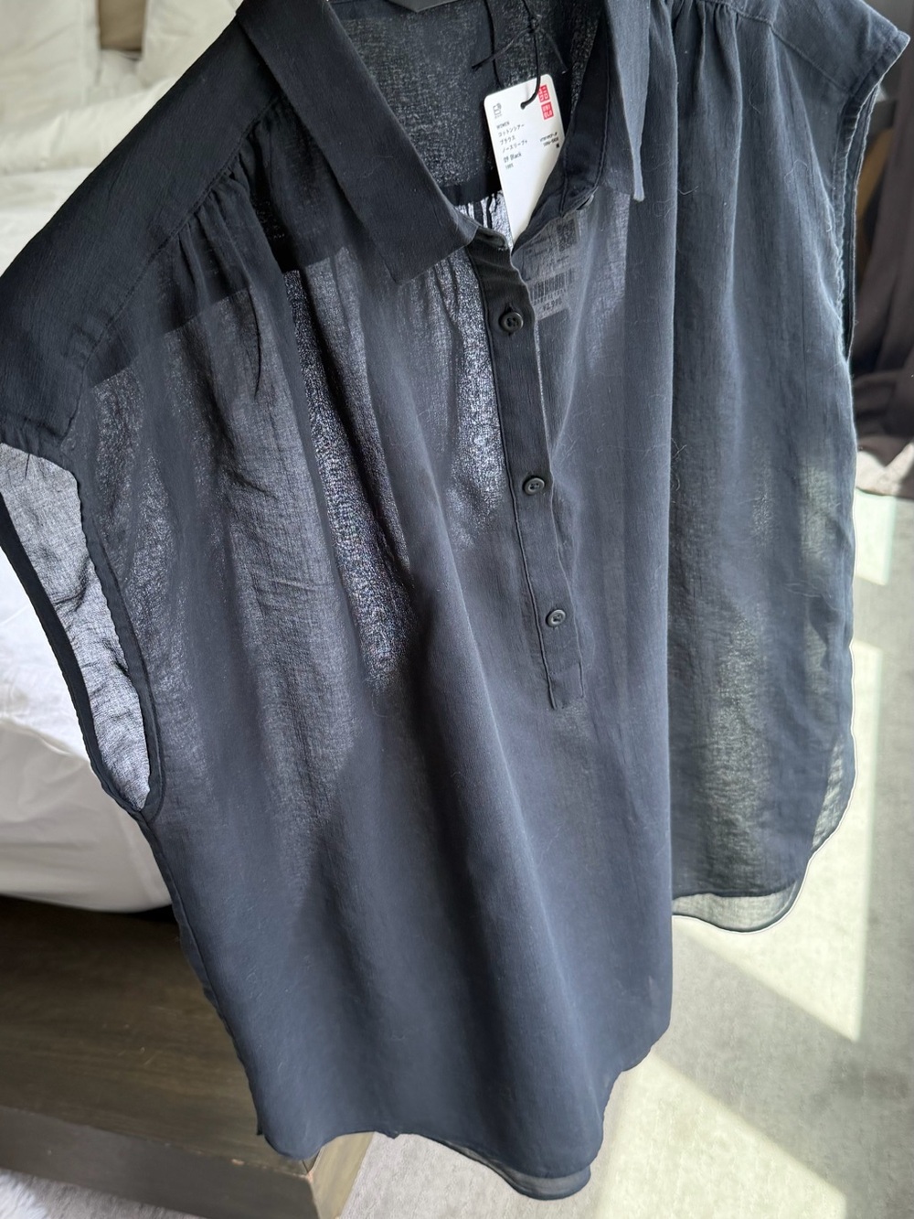 NWT Uniqlo Black Sheer Cap-Sleeve Button-Front Blouse.